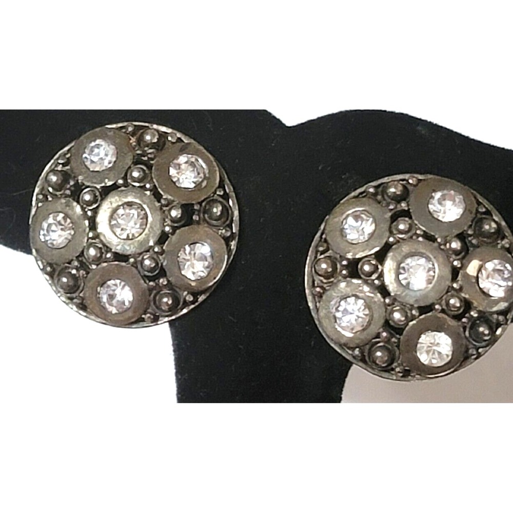 Vintage Gunmetal Gray & Clear Rhinestone Round Clip-On Earrings, 1" Modernist